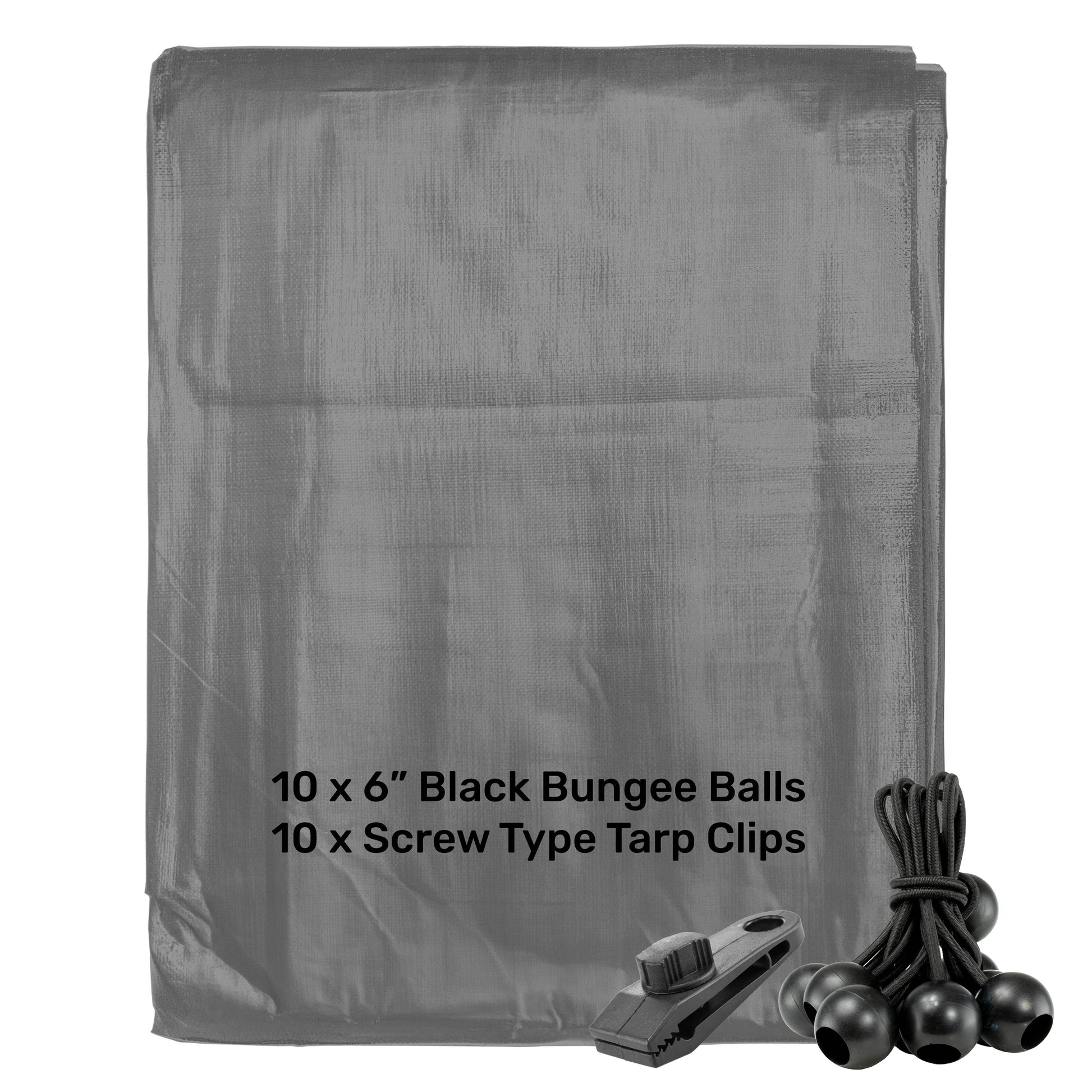 AP Supplies Grey L-Grade Tarpaulin with 10 x 6" Bungee Balls (Black) and 10 x Screw Type Tarp Clips - 1m x 1m
