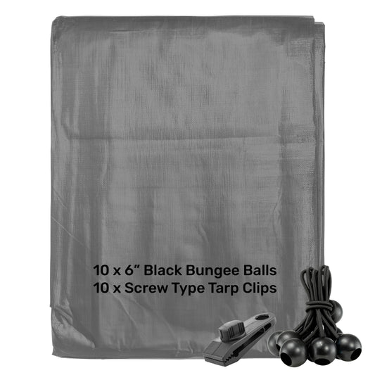 AP Supplies Grey L-Grade Tarpaulin with 10 x 6" Bungee Balls (Black) and 10 x Screw Type Tarp Clips - 1m x 1m