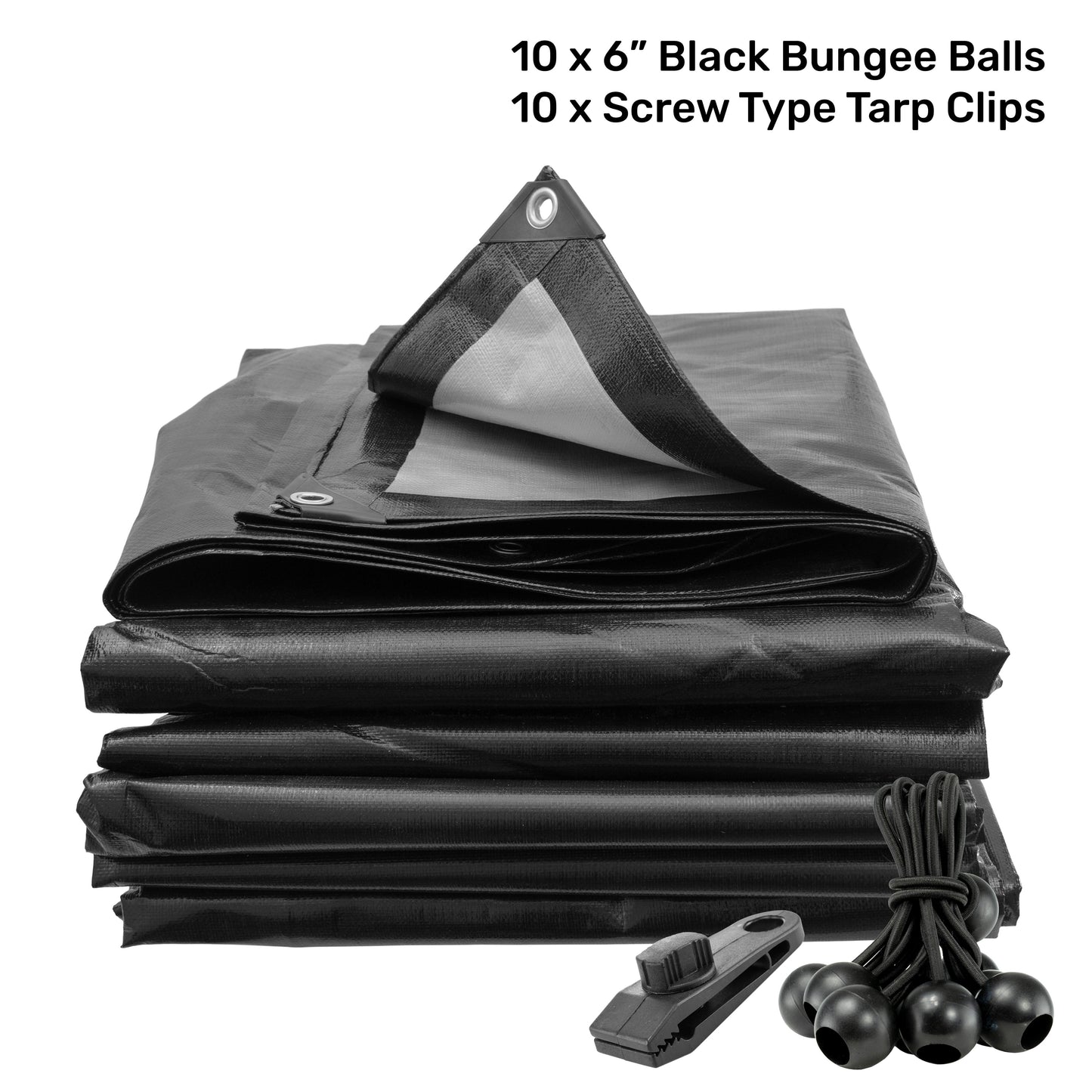 AP Supplies Black/Silver L-Grade Tarpaulin with 10 x 6" Bungee Balls (Black) and 10 x Screw Type Tarp Clips - 1m x 1m