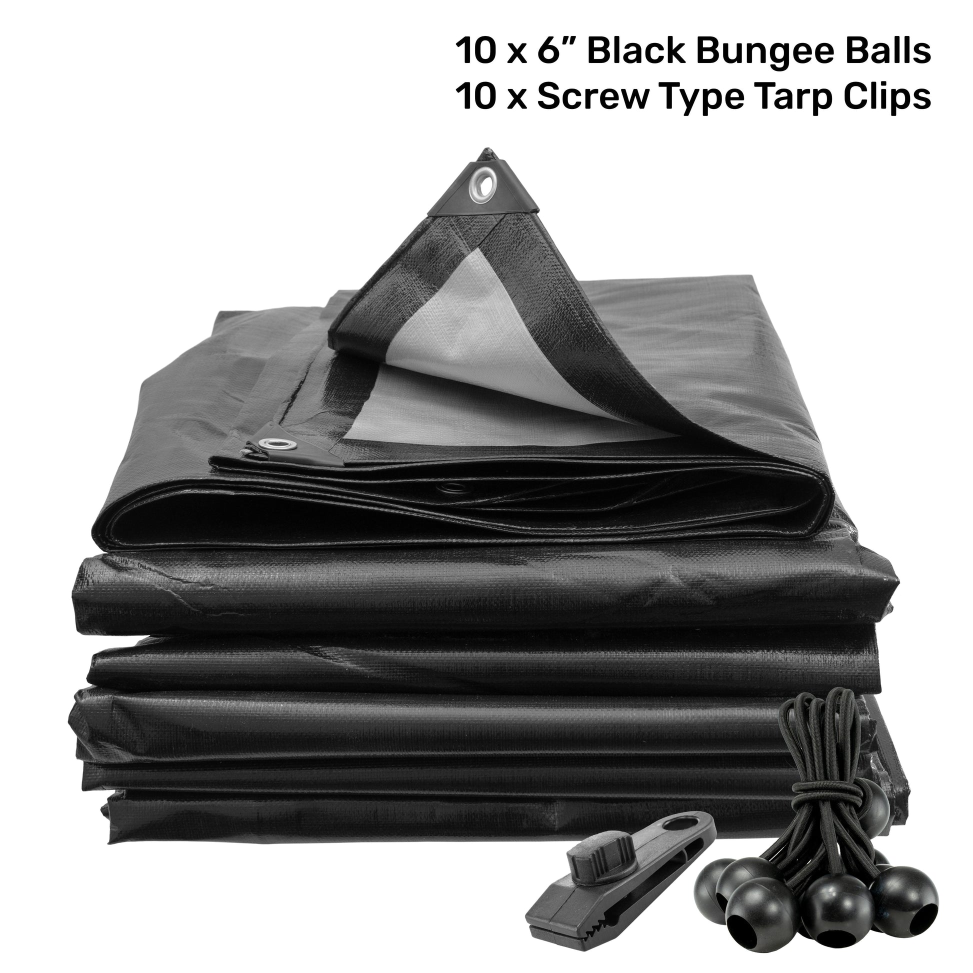 AP Supplies Black/Silver L-Grade Tarpaulin with 10 x 6" Bungee Balls (Black) and 10 x Screw Type Tarp Clips - 1m x 1m