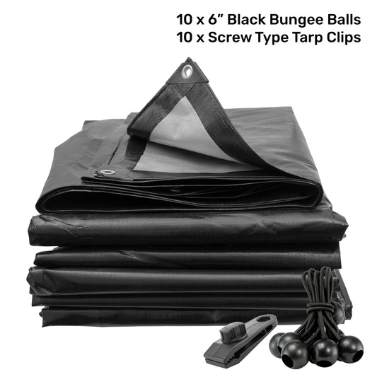 AP Supplies Black/Silver L-Grade Tarpaulin with 10 x 6" Bungee Balls (Black) and 10 x Screw Type Tarp Clips - 1m x 1m