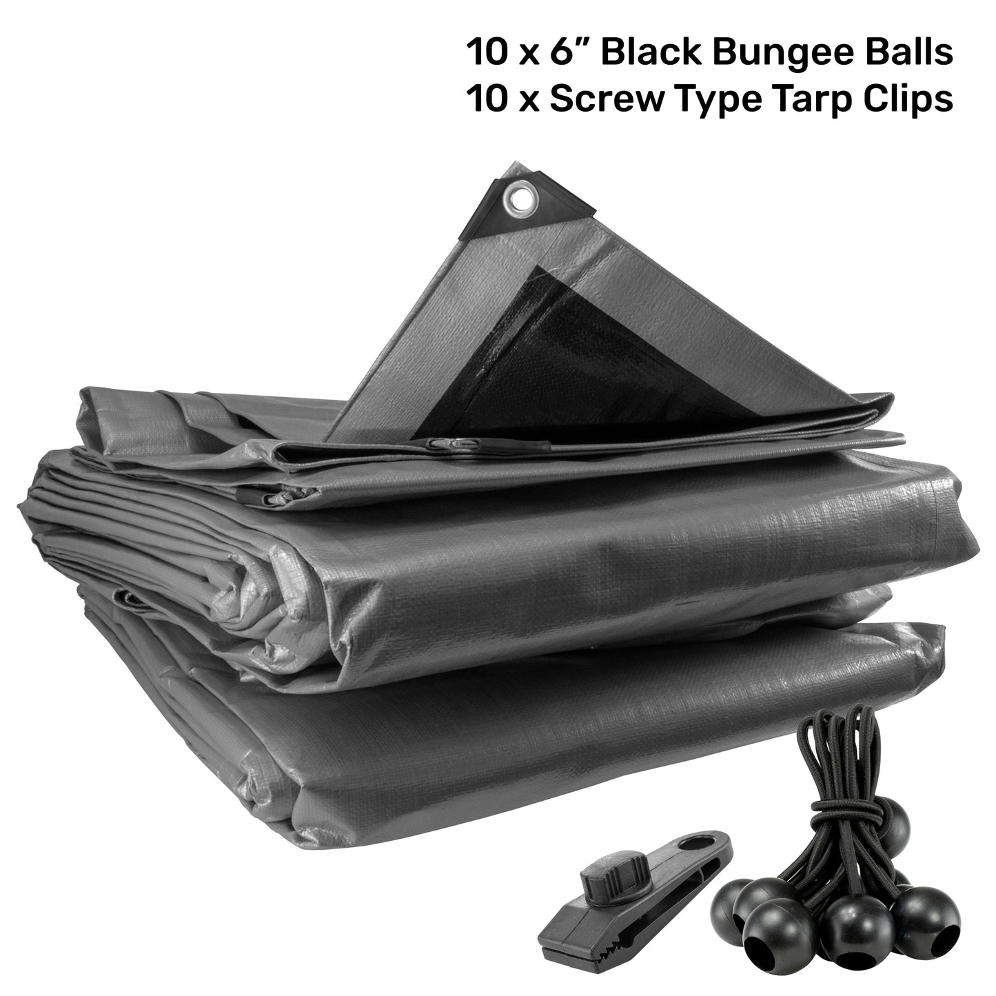 AP Supplies Silver XL-Grade Tarpaulin with 10 x 6" Bungee Balls (Black) and 10 x Screw Type Tarp Clips - 0.65m x 0.65m