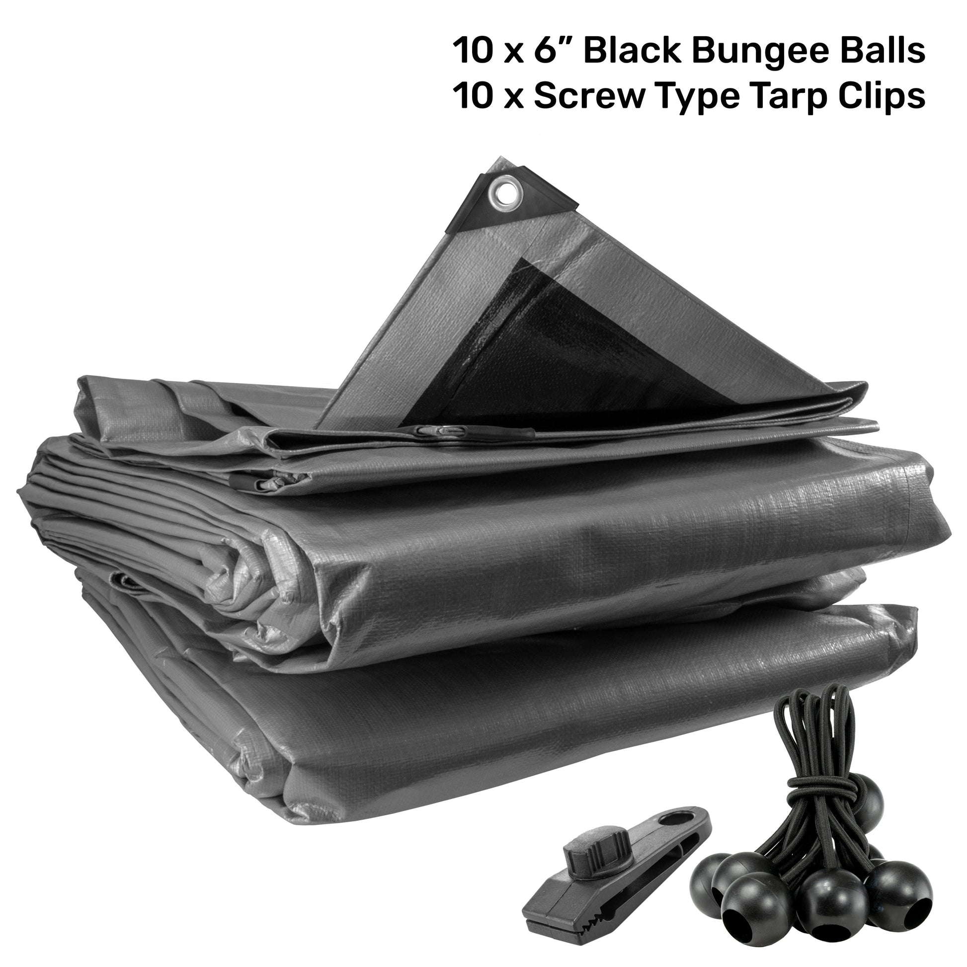 AP Supplies Silver XL-Grade Tarpaulin with 10 x 6" Bungee Balls (Black) and 10 x Screw Type Tarp Clips - 0.65m x 0.65m
