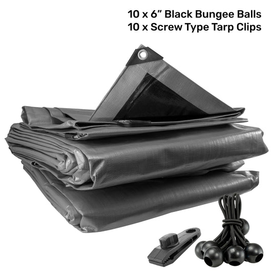AP Supplies Silver XL-Grade Tarpaulin with 10 x 6" Bungee Balls (Black) and 10 x Screw Type Tarp Clips - 0.65m x 0.65m