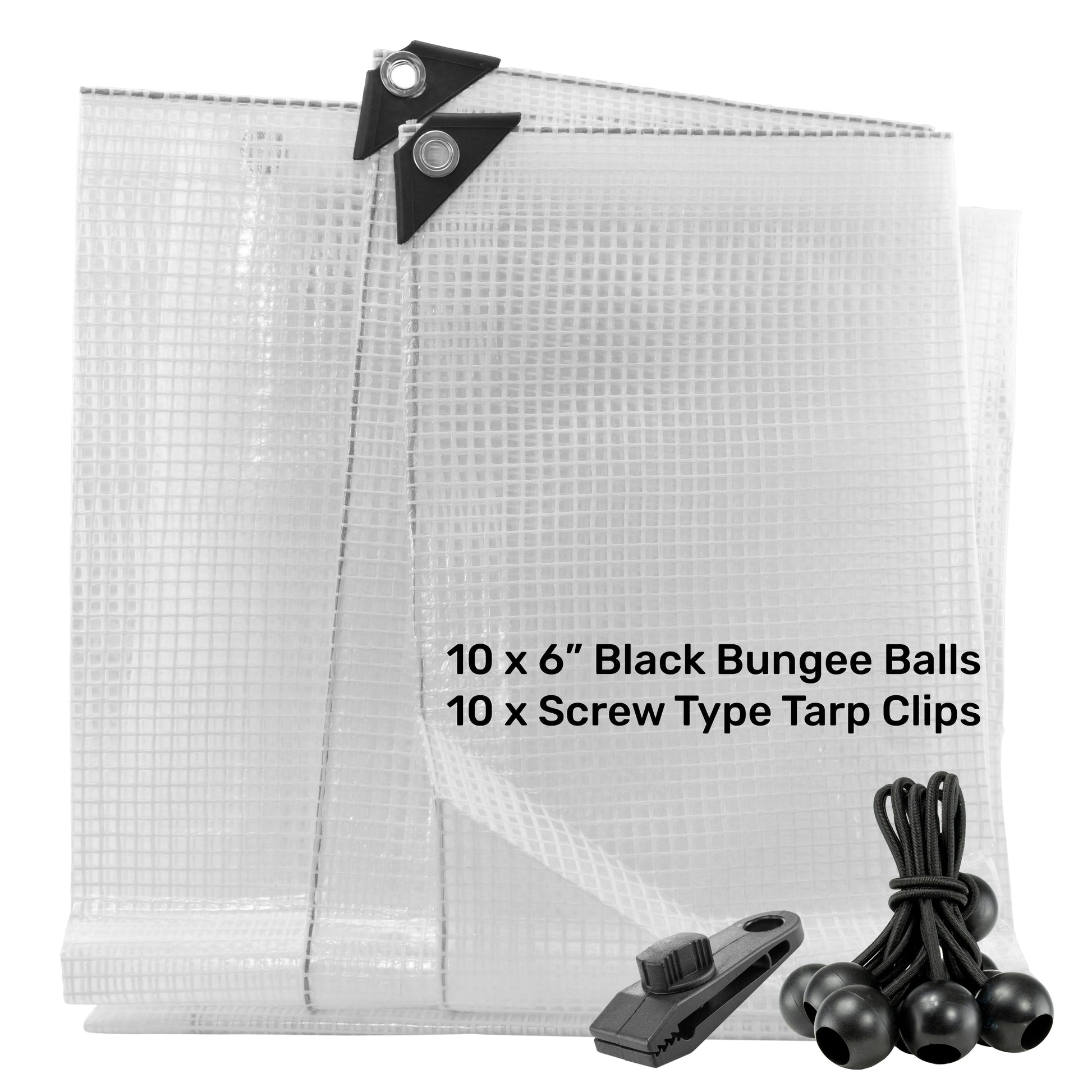 AP Supplies Clear XL-Grade Tarpaulin with 10 x 6" Bungee Balls (Black) and 10 x Screw Type Tarp Clips - 0.65m x 0.65m