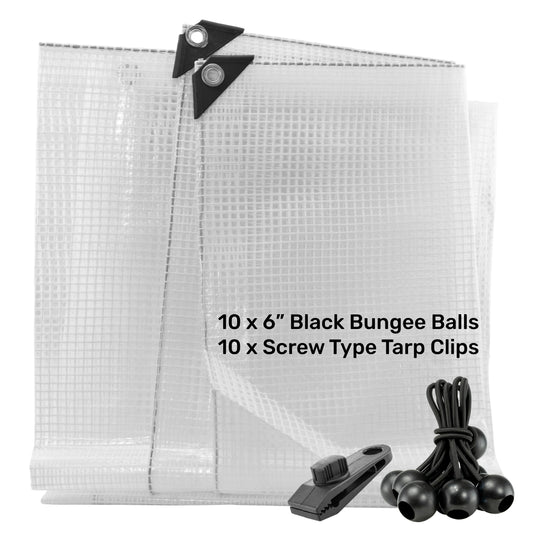 AP Supplies Clear XL-Grade Tarpaulin with 10 x 6" Bungee Balls (Black) and 10 x Screw Type Tarp Clips - 0.65m x 0.65m