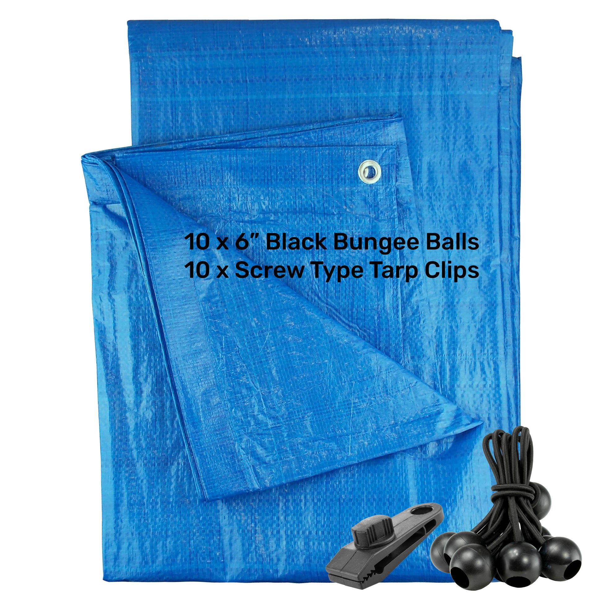 AP Supplies Blue S-Grade Tarpaulin with 10 x 6" Bungee Balls (Black) and 10 x Screw Type Tarp Clips - 1m x 1m