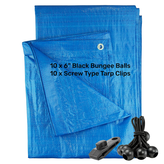 AP Supplies Blue S-Grade Tarpaulin with 10 x 6" Bungee Balls (Black) and 10 x Screw Type Tarp Clips - 1m x 1m