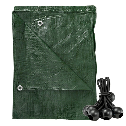 AP Supplies Green S-Grade Tarpaulin with 10 x Bungee Balls (Black) - 1m x 1m