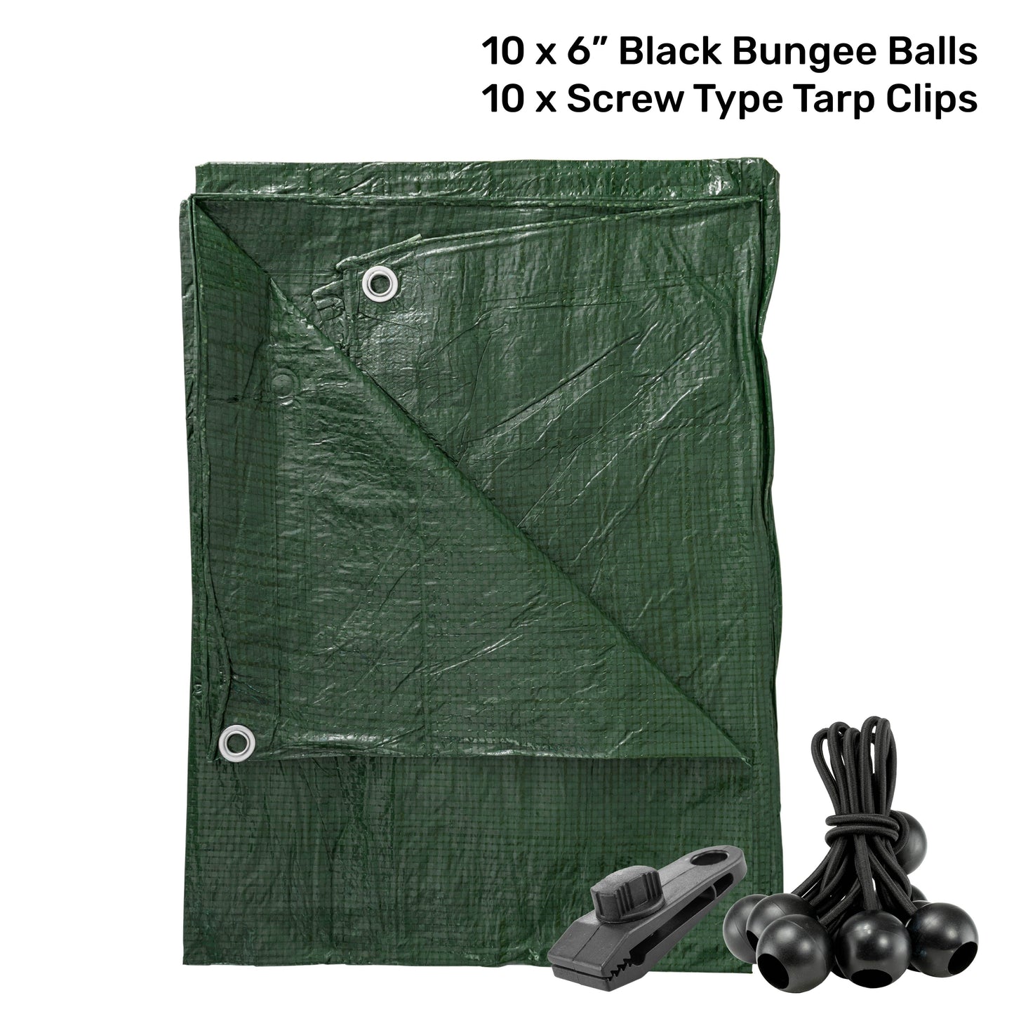 AP Supplies Green S-Grade Tarpaulin with 10 x 6" Bungee Balls (Black) and 10 x Screw Type Tarp Clips - 1m x 1m
