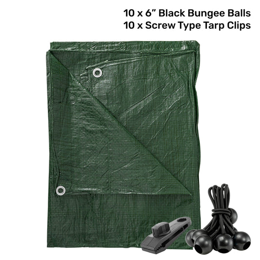 AP Supplies Green S-Grade Tarpaulin with 10 x 6" Bungee Balls (Black) and 10 x Screw Type Tarp Clips - 1m x 1m