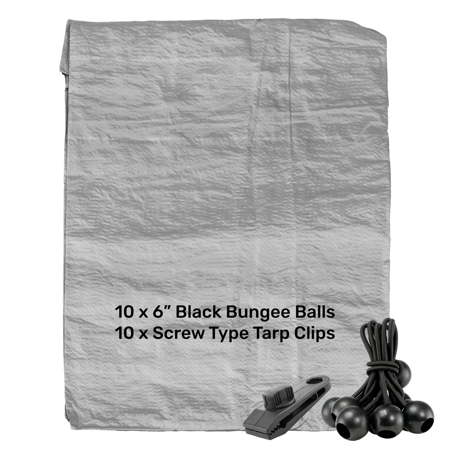 AP Supplies Grey S-Grade Tarpaulin with 10 x 6" Bungee Balls (Black) and 10 x Screw Type Tarp Clips - 1m x 1m