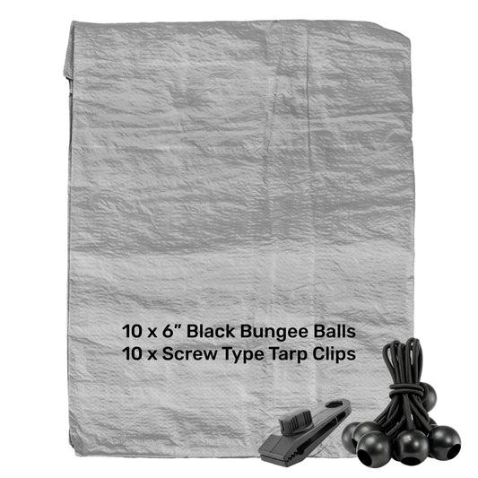 AP Supplies Grey S-Grade Tarpaulin with 10 x 6" Bungee Balls (Black) and 10 x Screw Type Tarp Clips - 1m x 1m
