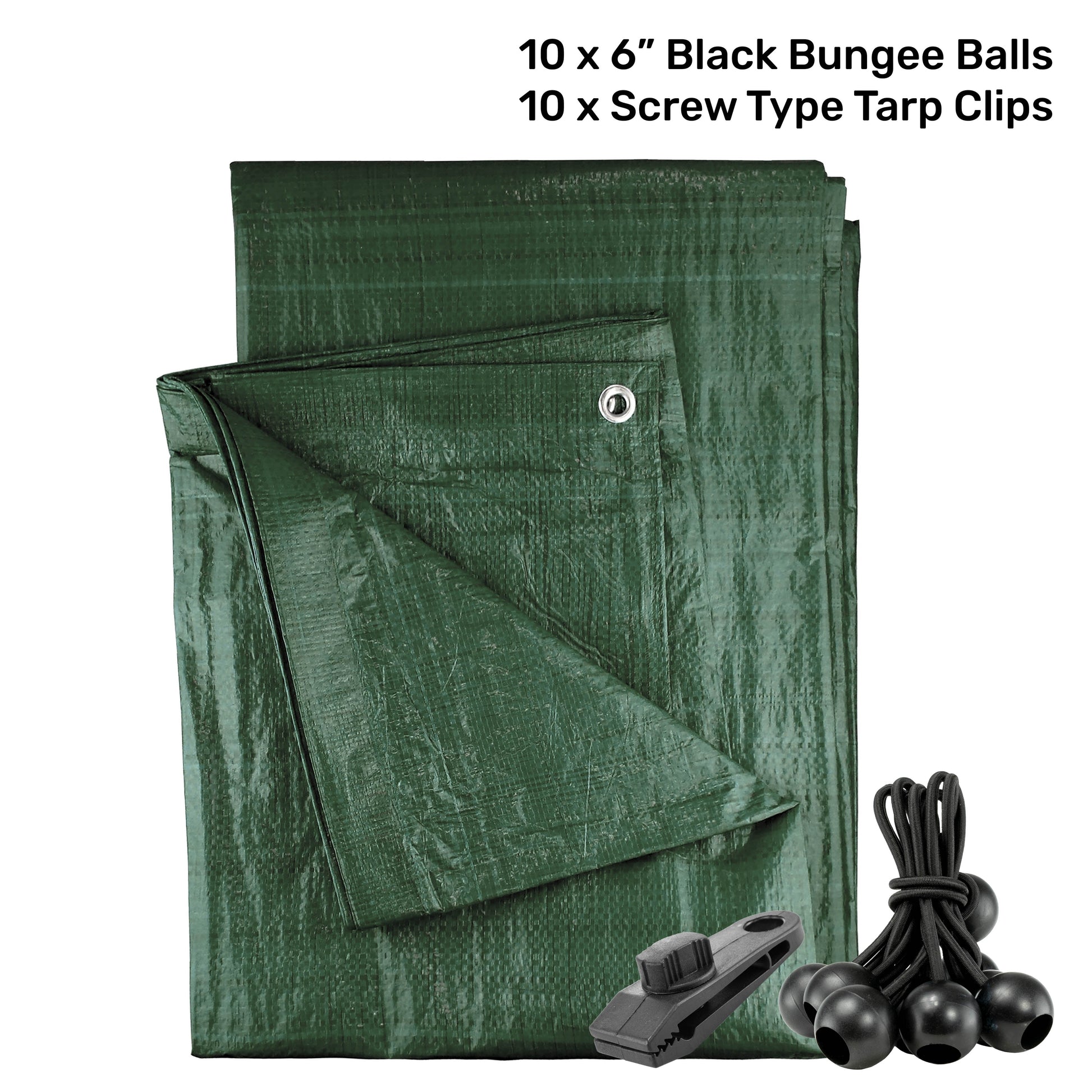AP Supplies Green M-Grade Tarpaulin with 10 x 6" Bungee Balls (Black) and 10 x Screw Type Tarp Clips - 1m x 1m