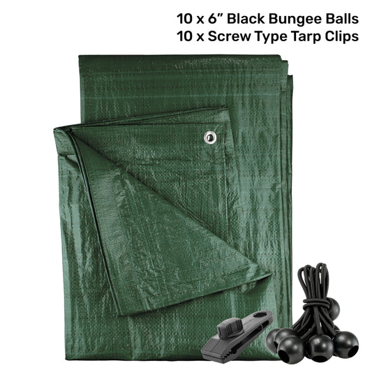 AP Supplies Green M-Grade Tarpaulin with 10 x 6" Bungee Balls (Black) and 10 x Screw Type Tarp Clips - 1m x 1m