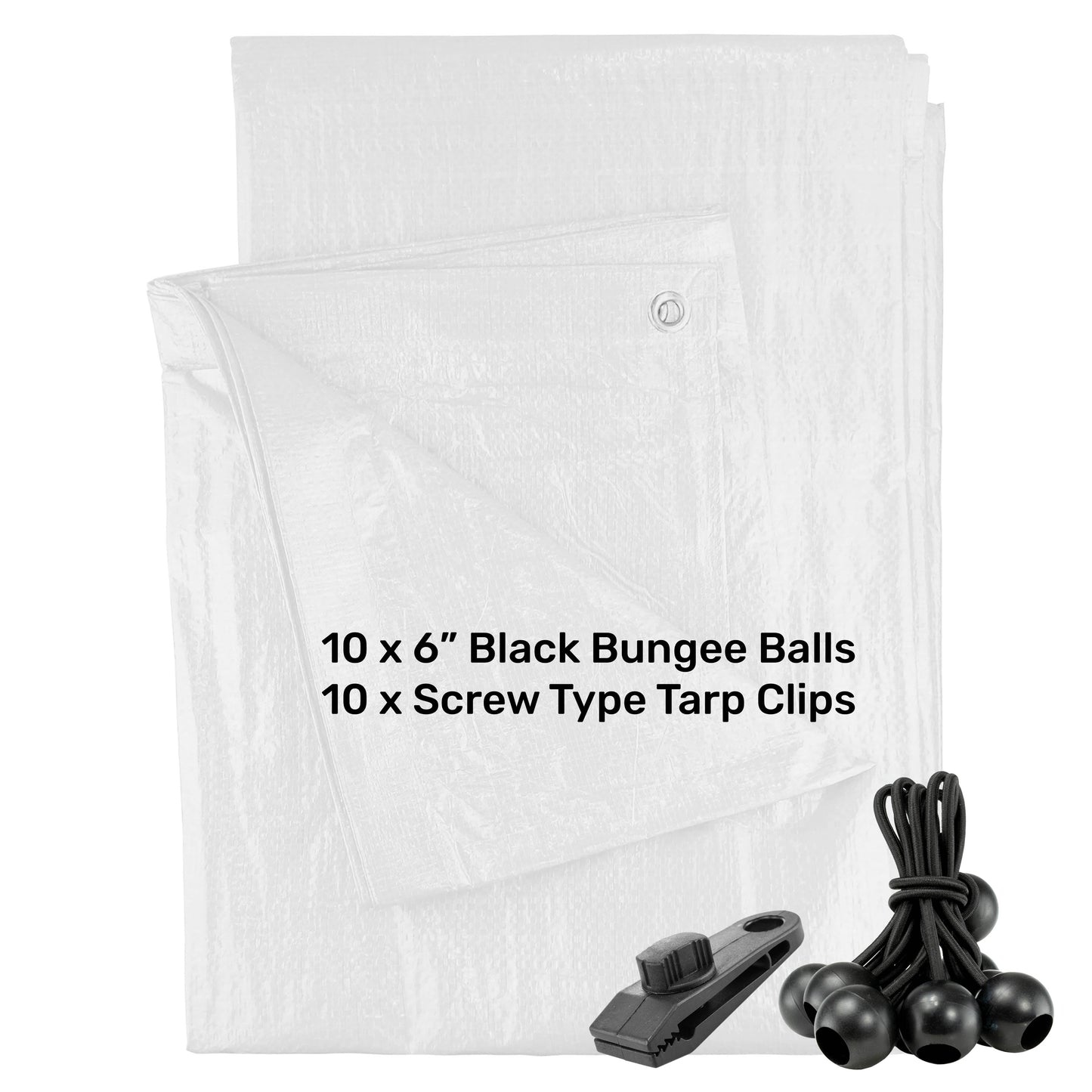 AP Supplies White M-Grade Tarpaulin with 10 x 6" Bungee Balls (Black) and 10 x Screw Type Tarp Clips - 1.5m x 2m