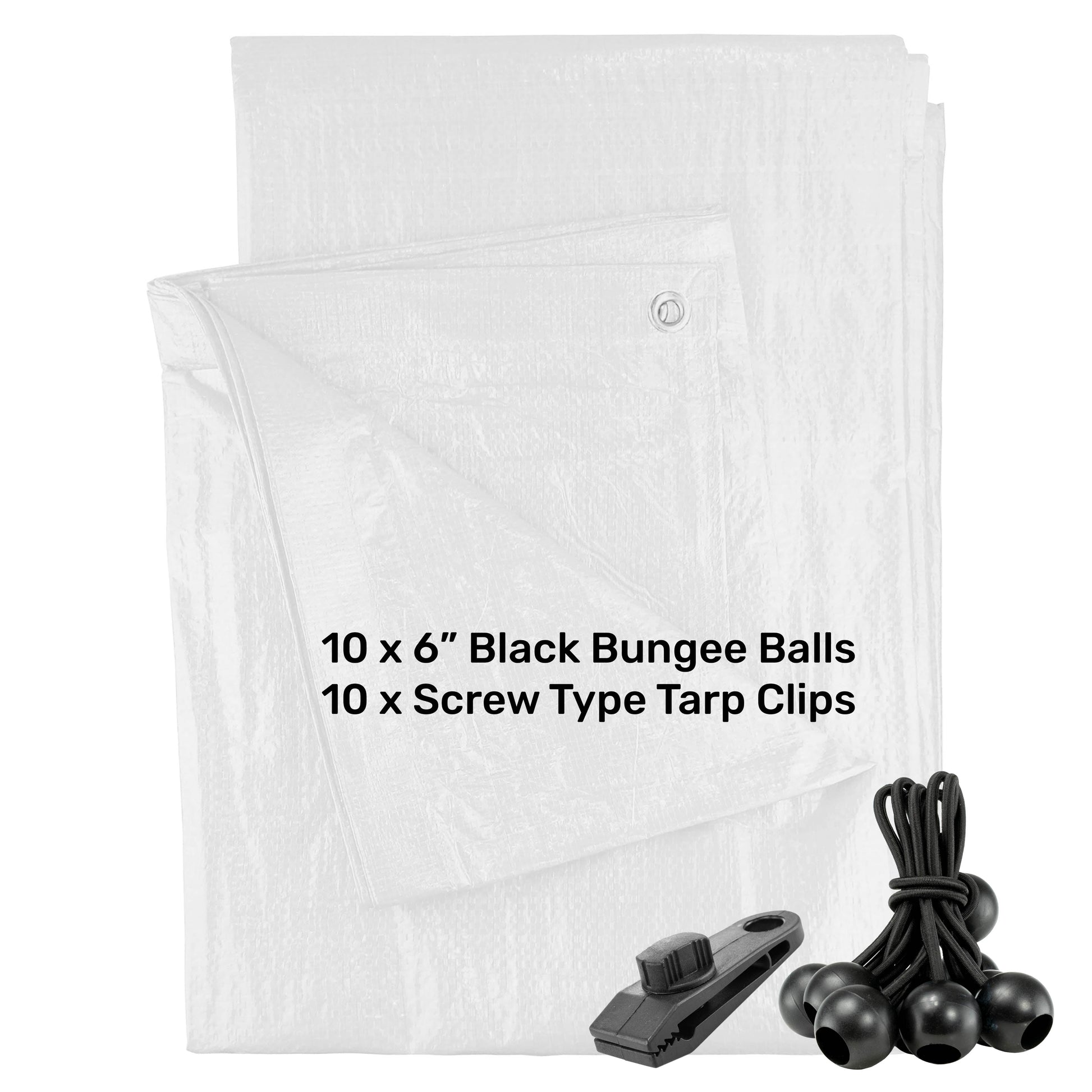 AP Supplies White M-Grade Tarpaulin with 10 x 6" Bungee Balls (Black) and 10 x Screw Type Tarp Clips - 1.5m x 2m