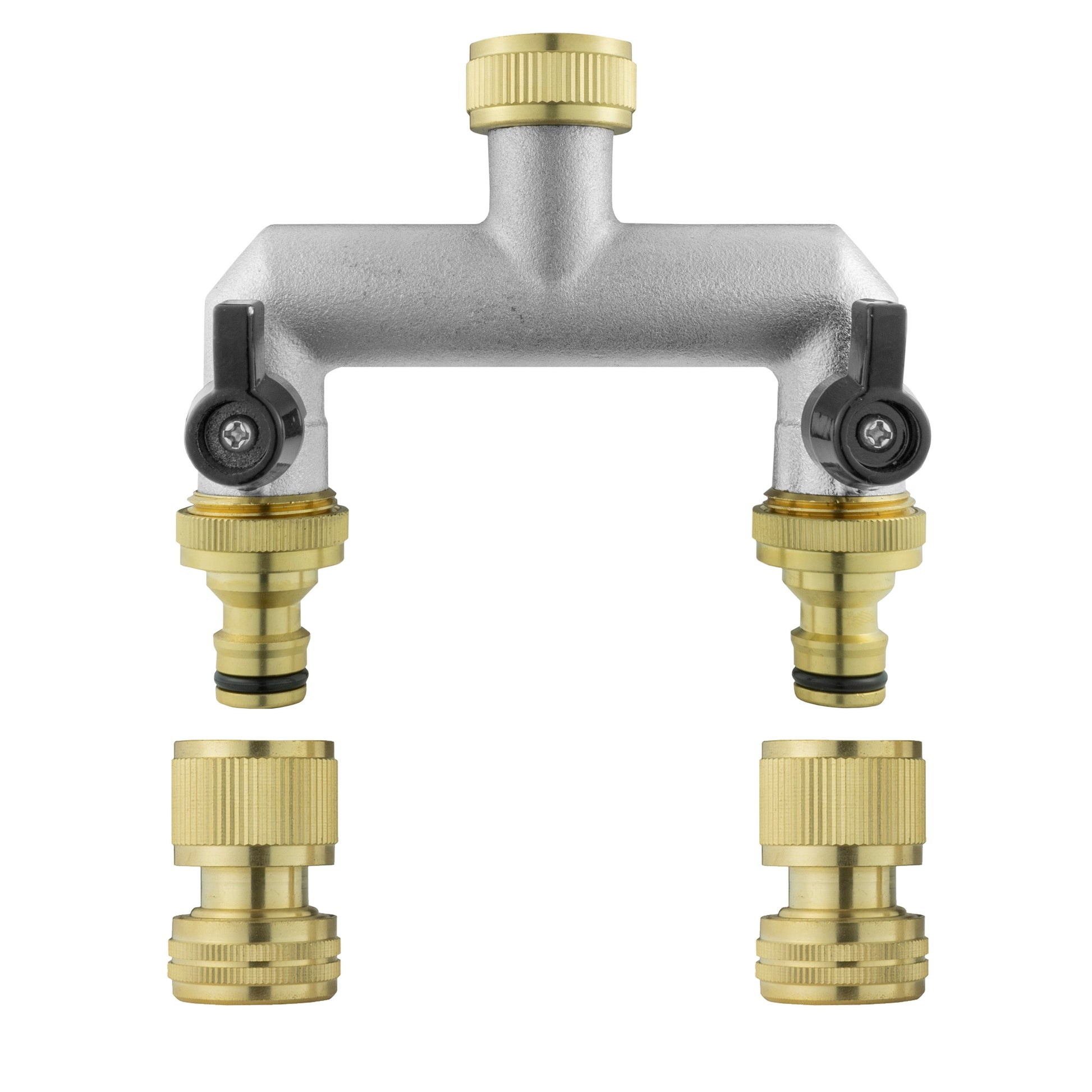 AP Supplies Two Way Tap Splitter Brass 3/4" BSP with Quick Connect and Hose Fittings