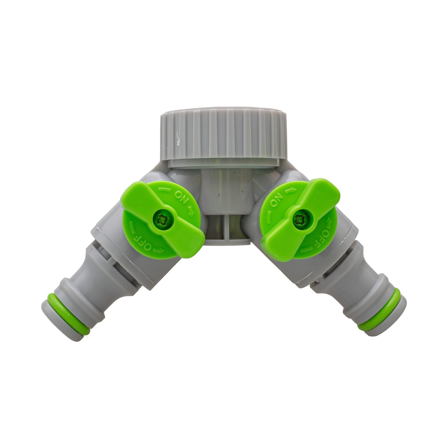 2-Way Tap Connector With Valves 1in or 3/4in BSP Female, Green Gray Tap Adapter