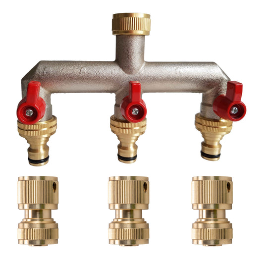 AP Supplies Three Way Tap Splitter Brass 3/4" BSP with Quick Connect and Hose Fittings