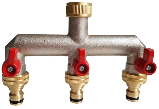 AP Supplies Three Way Tap Splitter Brass 3/4" BSP with Quick Connect Outlets