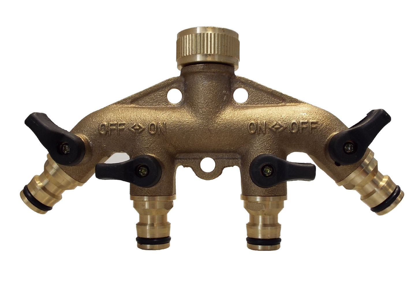 4-Way Manifold with Valves and Snap-On Outlets Brass Water Connector Tap Adapter