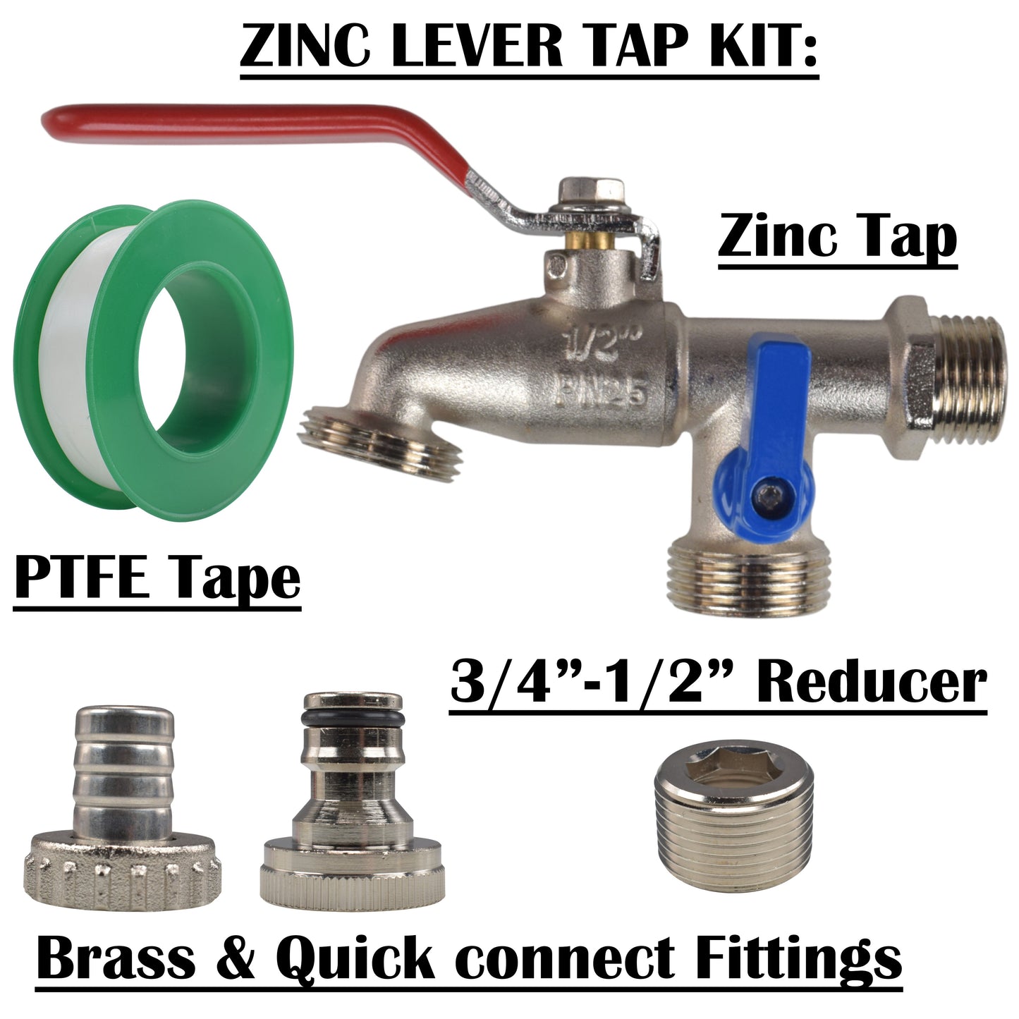 AP Supplies Double Lever Tap Kit with Barb/Quick Connect Outlet, 1/2" and 3/4" BSP Thread Inlet