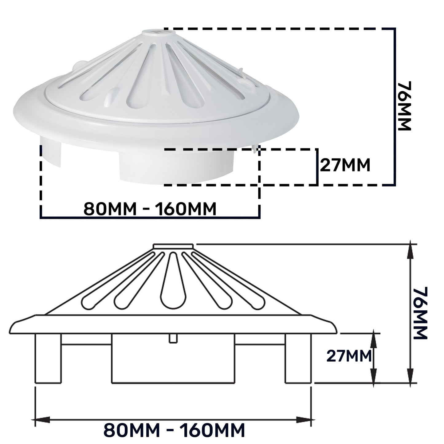Adjustable Louvre Vent Round 80mm-160mm White for Home and Garden Use