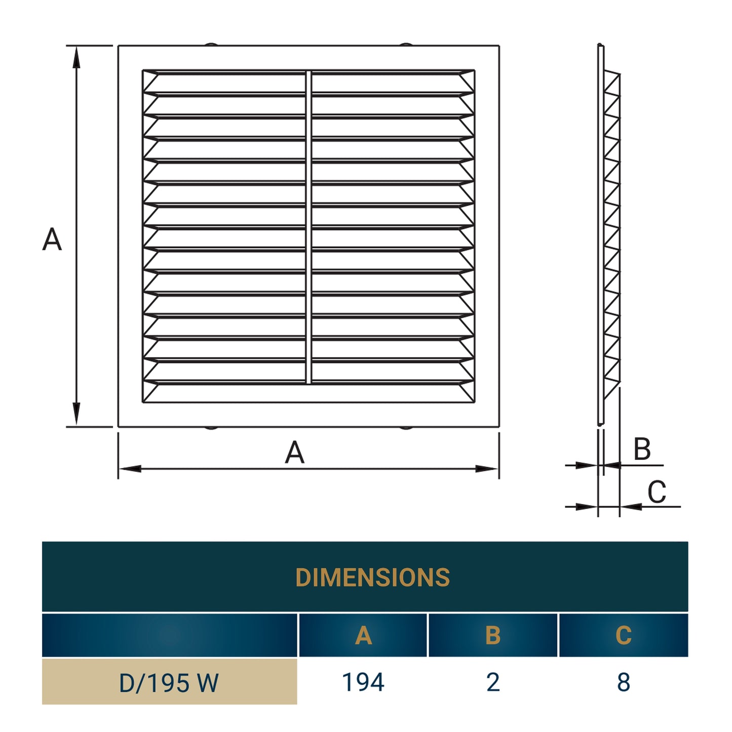 Louvre Vent D/195W 195mm X 195mm with Fly Screen for Home and Garden Use