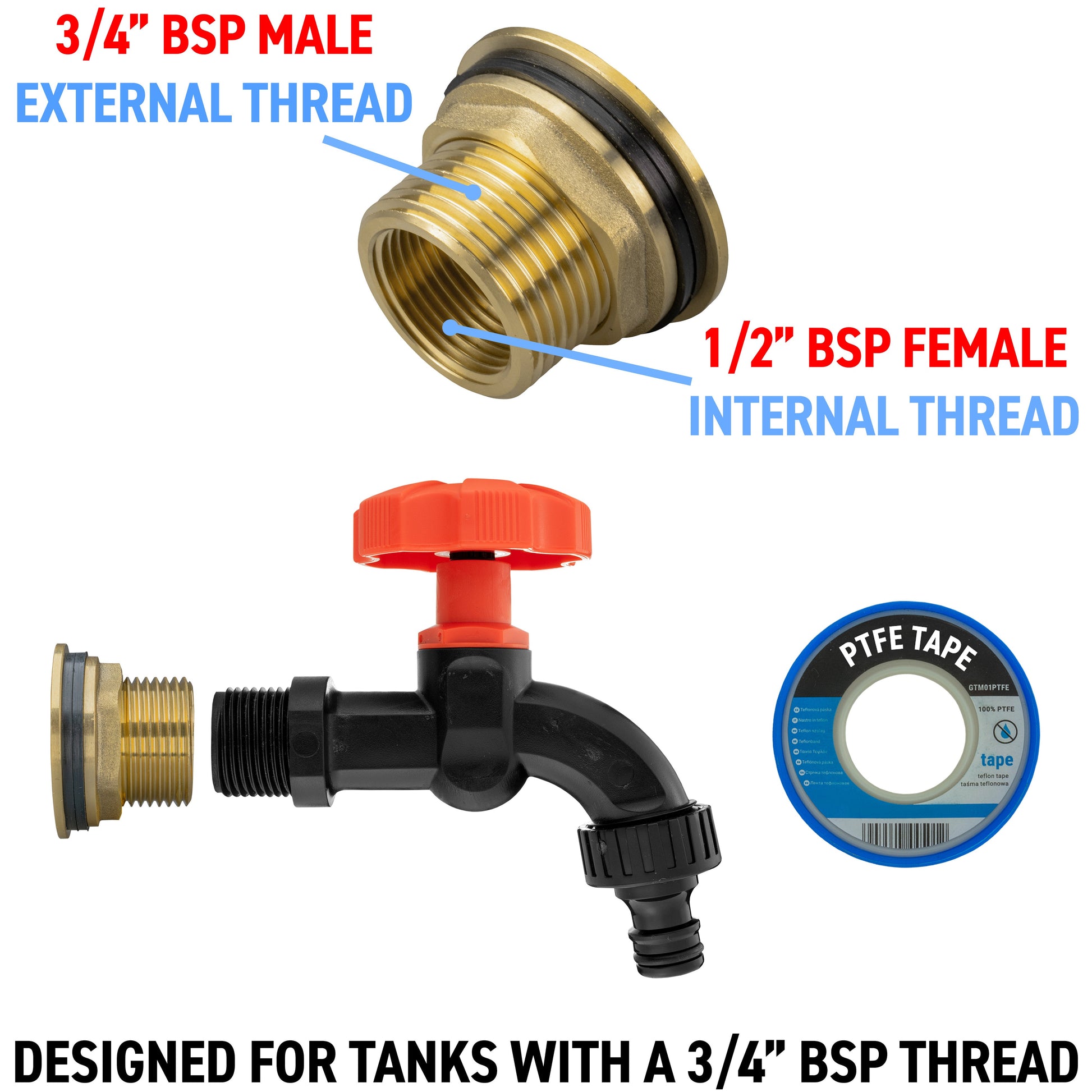 AP Supplies Water Butt Brass Kit 3/4" with Black Dial Tap and Drill Bit