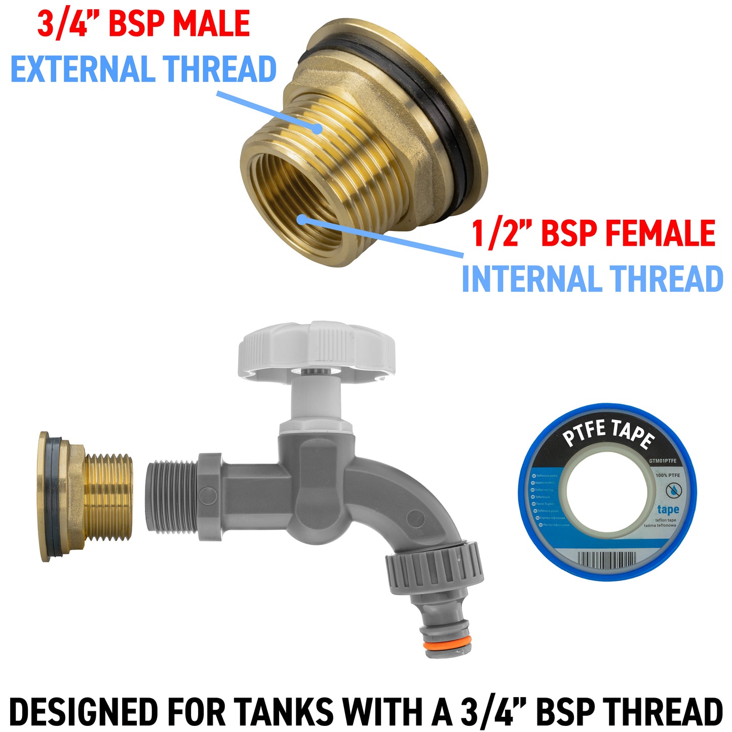 Water Butt Brass Kit 3/4in with Grey Dial Tap Hose Connector Set Water Connector