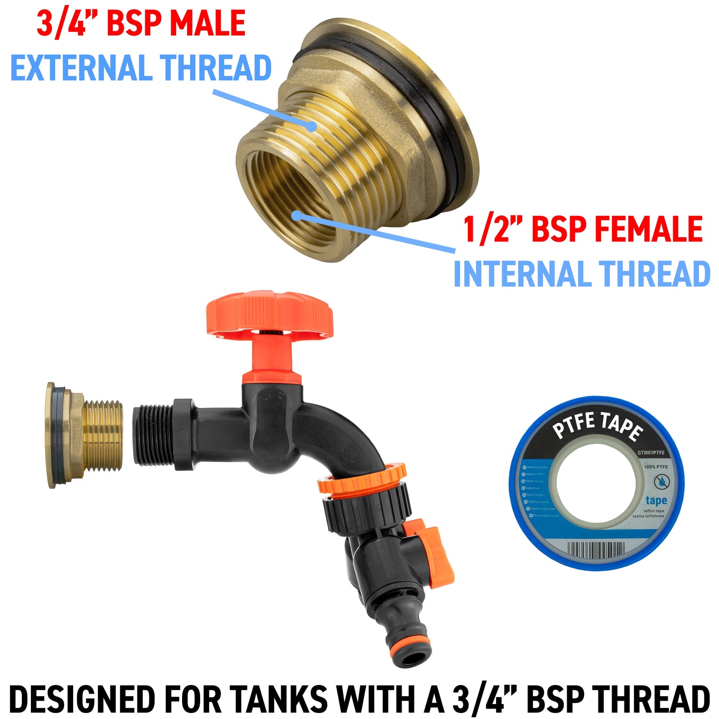 AP Supplies Water Butt Brass Kit 3/4" with Black Dial Tap + Two-Way Splitter and Drill Bit