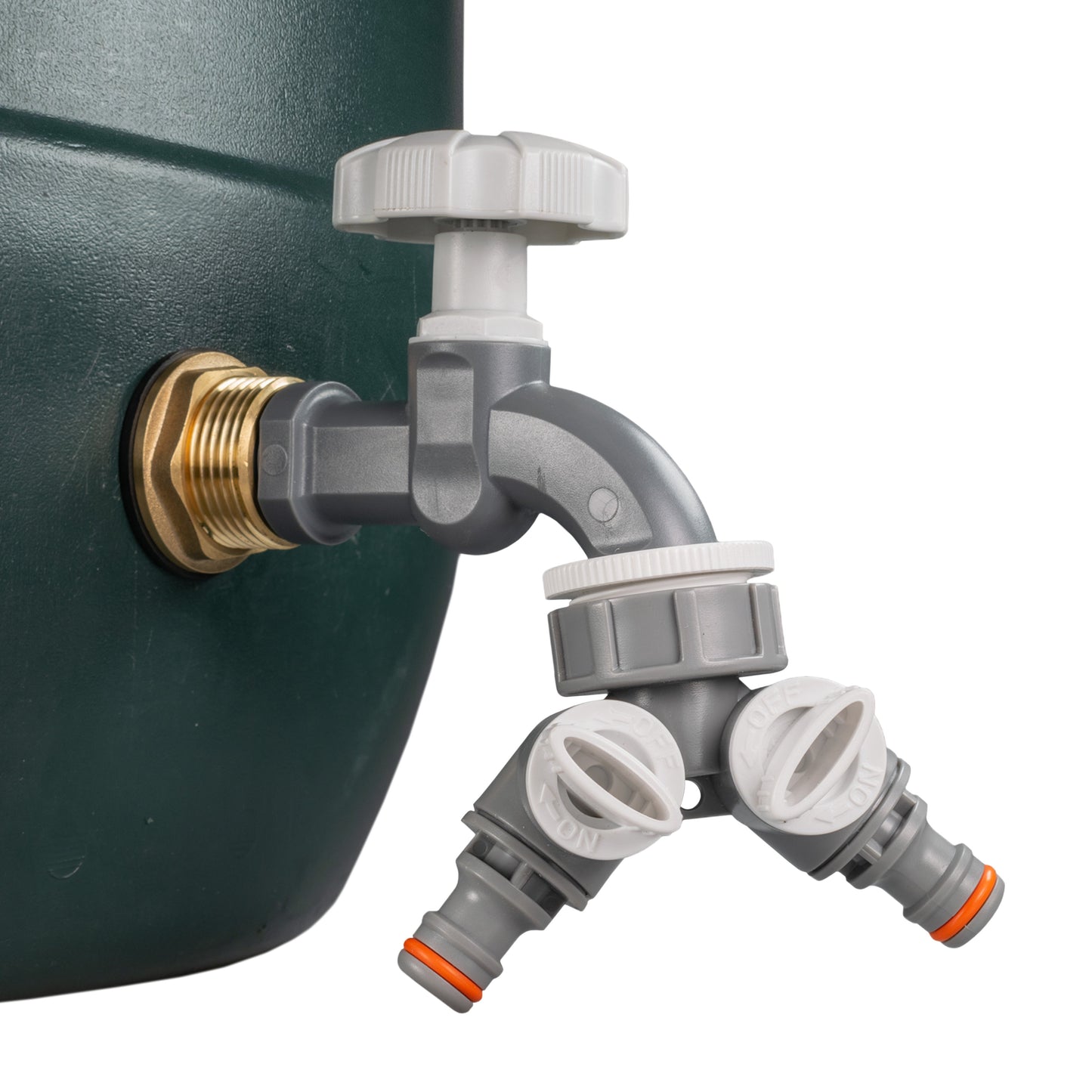 Water Butt Brass Kit 3/4in with Grey Dial Tap + Two-Way Splitter Water Connector