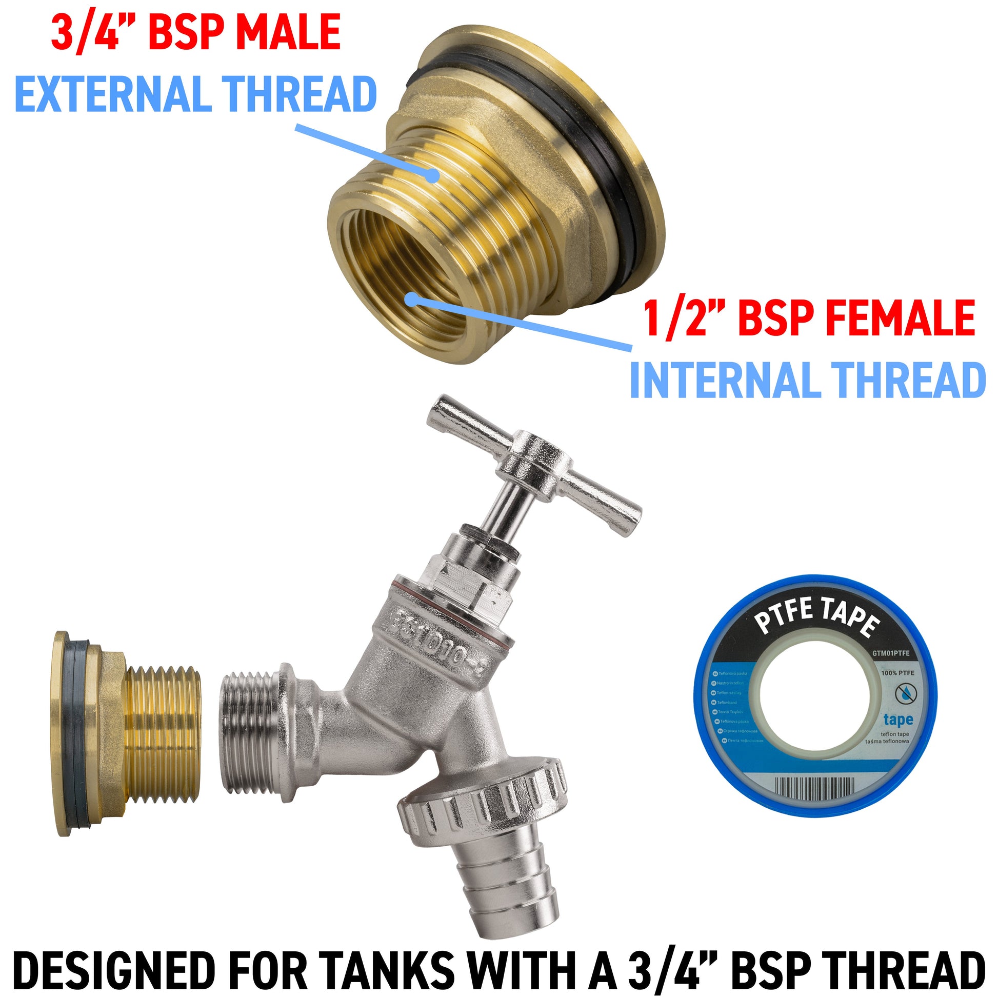 AP Supplies Water Butt Brass Kit 3/4" with Nickel Plated Brass Barbed Tap and Drill Bit