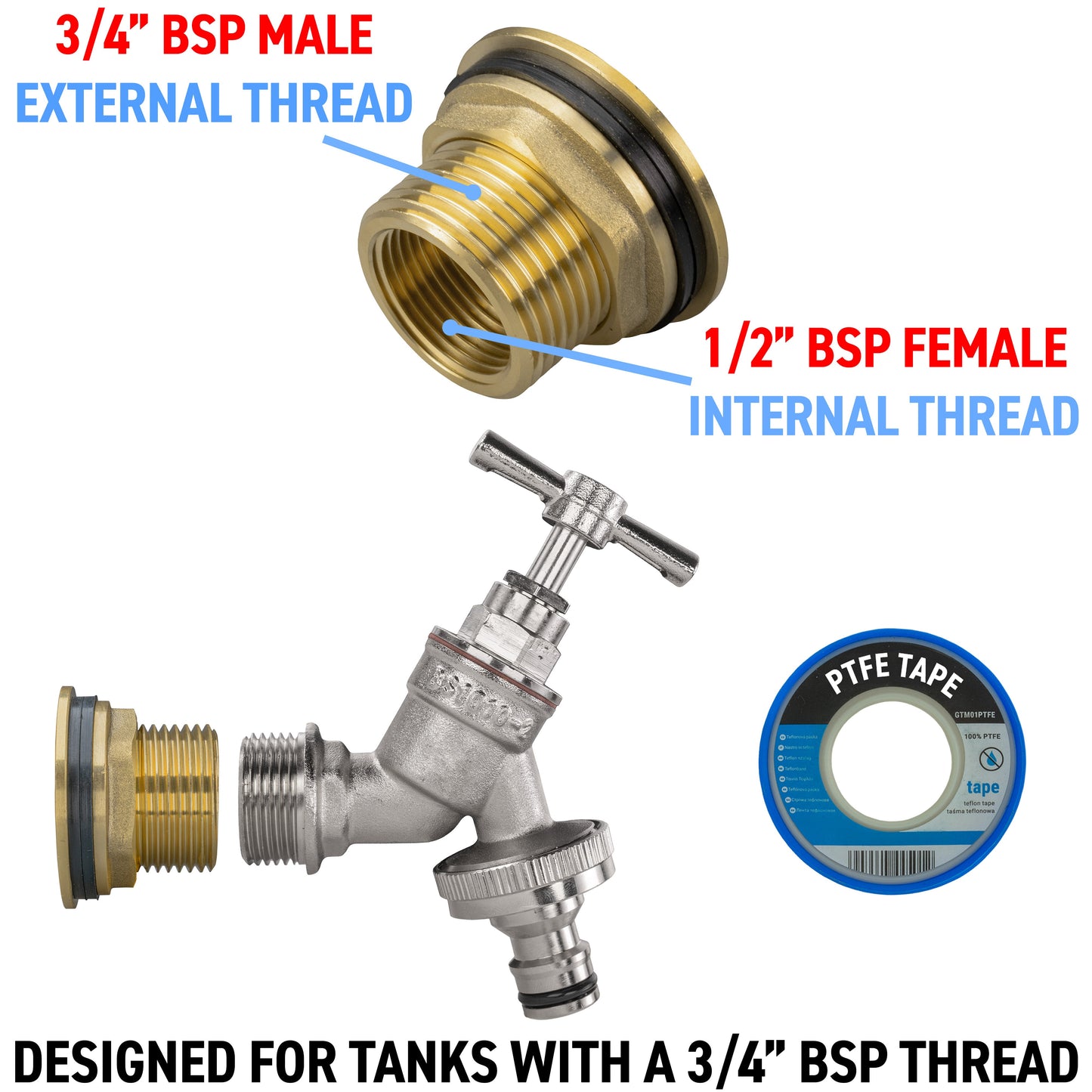 Water Butt Brass Kit 3/4in with Nickel Plated Brass Quick Connect Tap