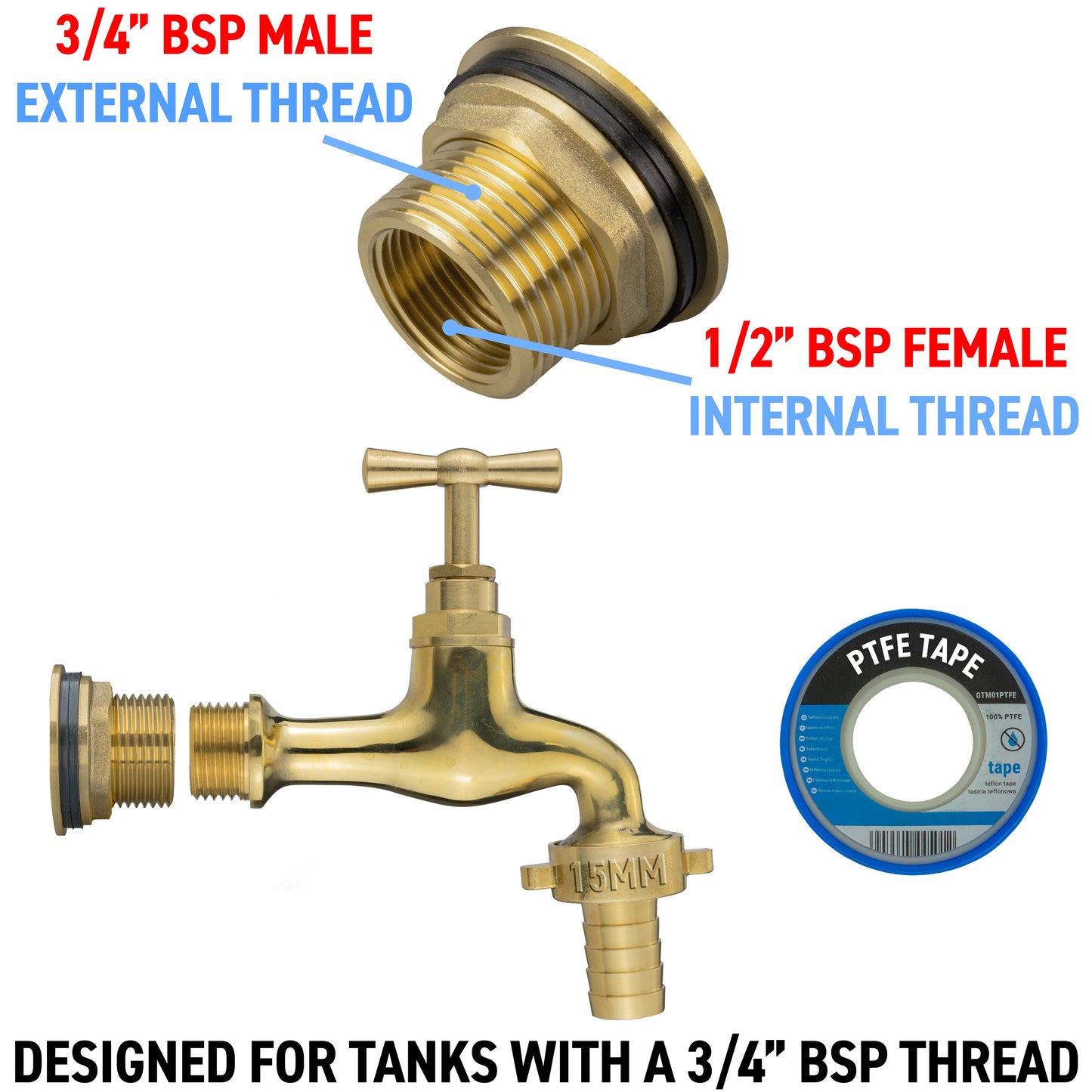 Water Butt Brass Kit 3/4in with 15mm Barbed Polished Brass Tap Hose Pipe Fitting