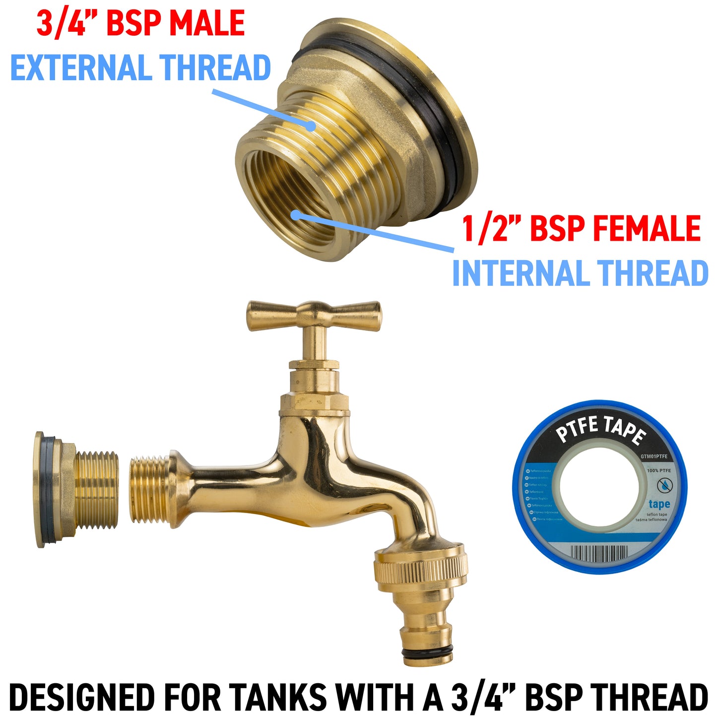 AP Supplies Water Butt Brass Kit 3/4" with Quick Connect Polished Brass Tap and Drill Bit