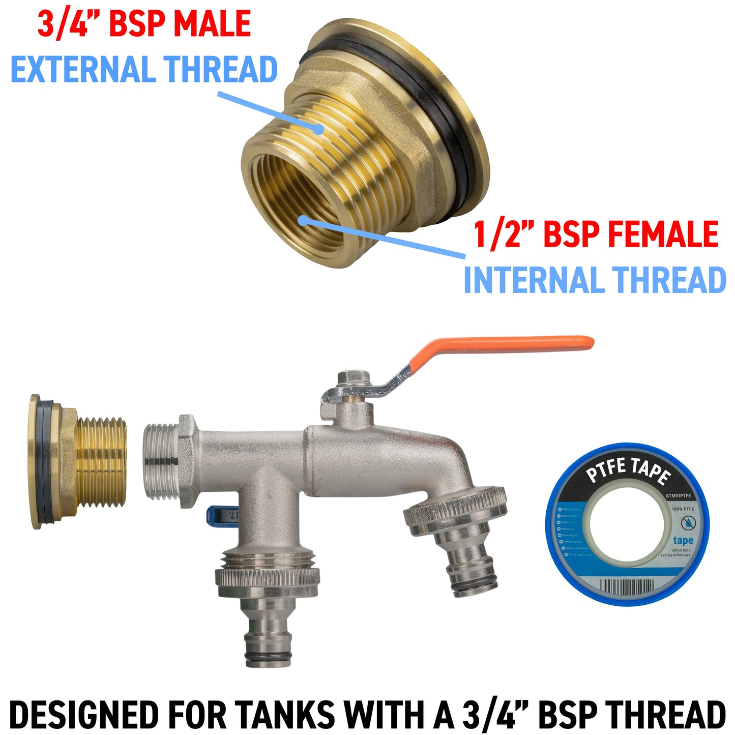 Water Butt Brass Kit 3/4in with Double Quick Connect Tap for Brass Water Fitting