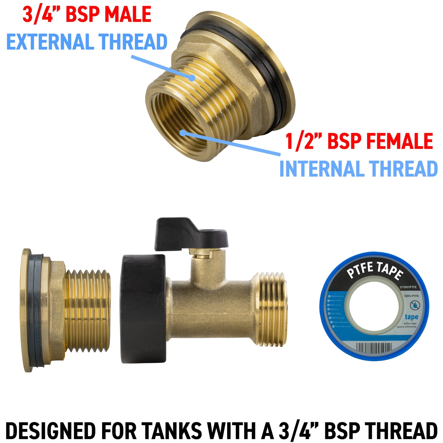 Water Butt Brass Kit 3/4in with Brass Valve Hose Connector Set Hose Pipe Fitting