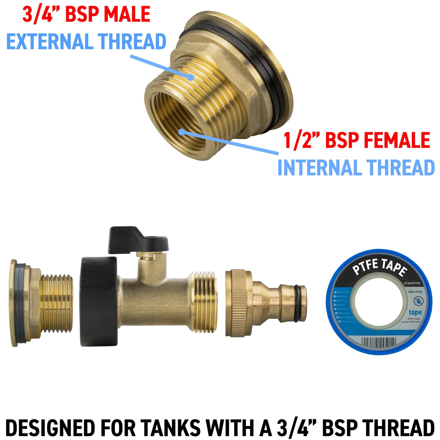 AP Supplies Water Butt Brass Kit 3/4" with Brass Valve + Quick Connect and Drill Bit