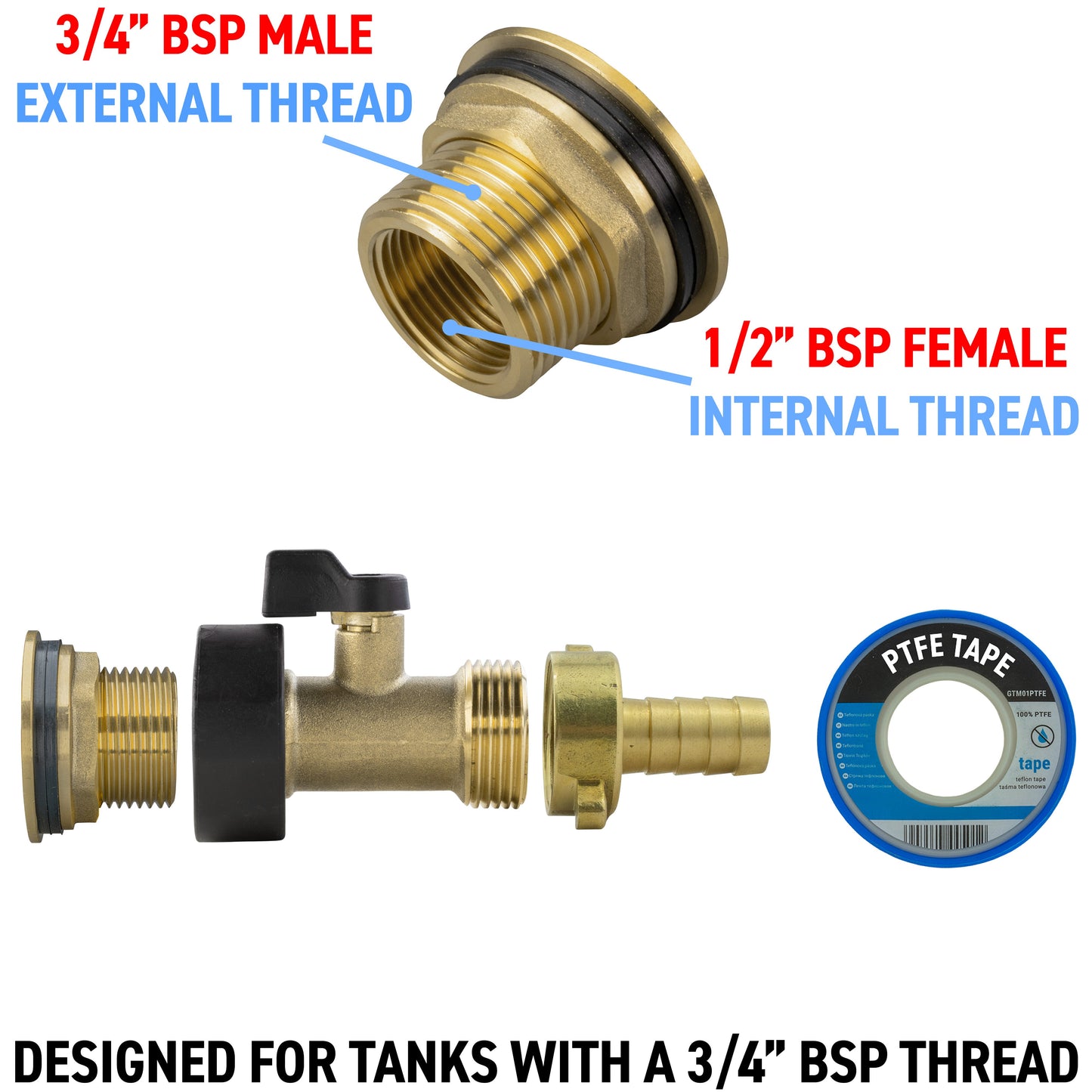 AP Supplies Water Butt Brass Kit 3/4" with Brass Valve + 13mm Barb and Drill Bit
