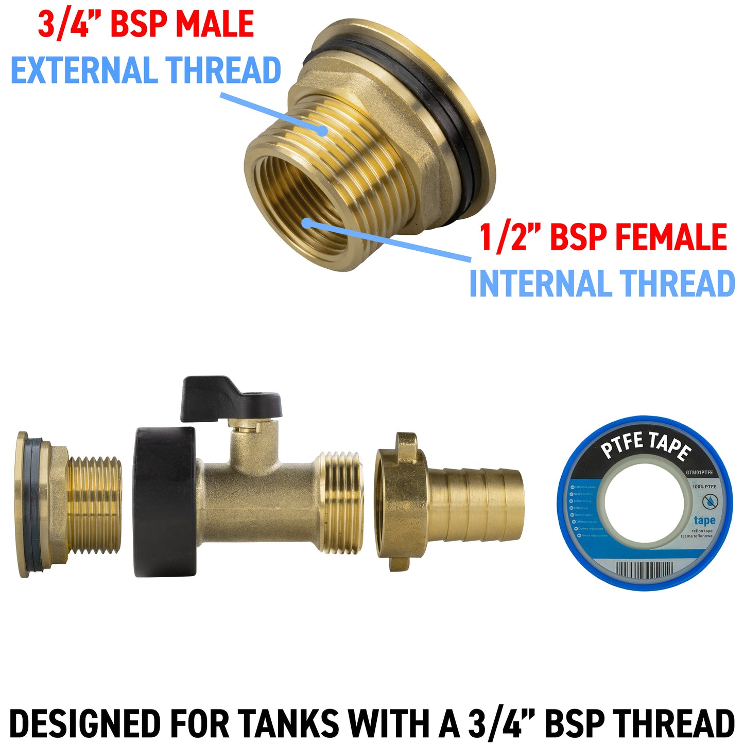 AP Supplies Water Butt Brass Kit 3/4" with Brass Valve + 19mm Barb and Drill Bit
