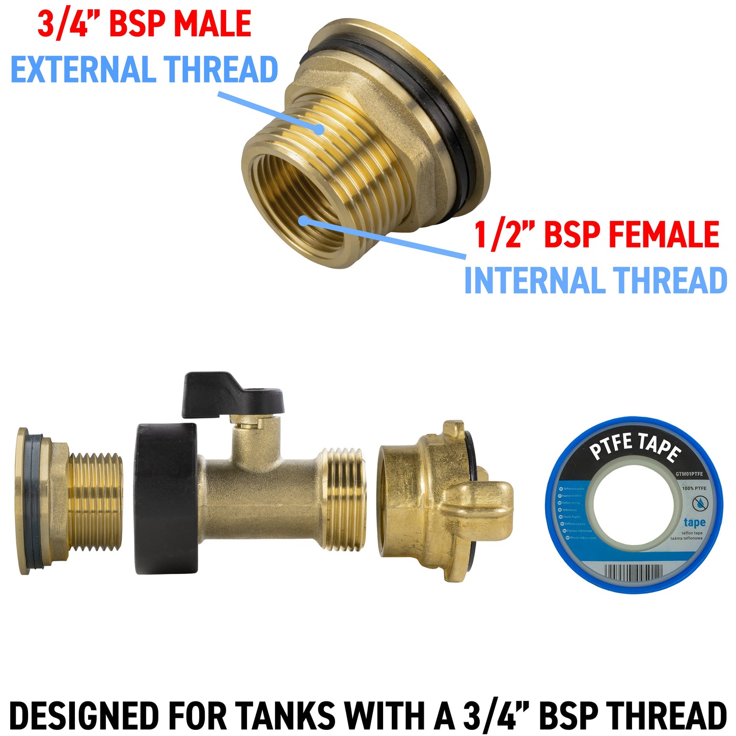 Water Butt Brass Kit 3/4in with Brass Valve + Geka Water Connector Claw Coupling