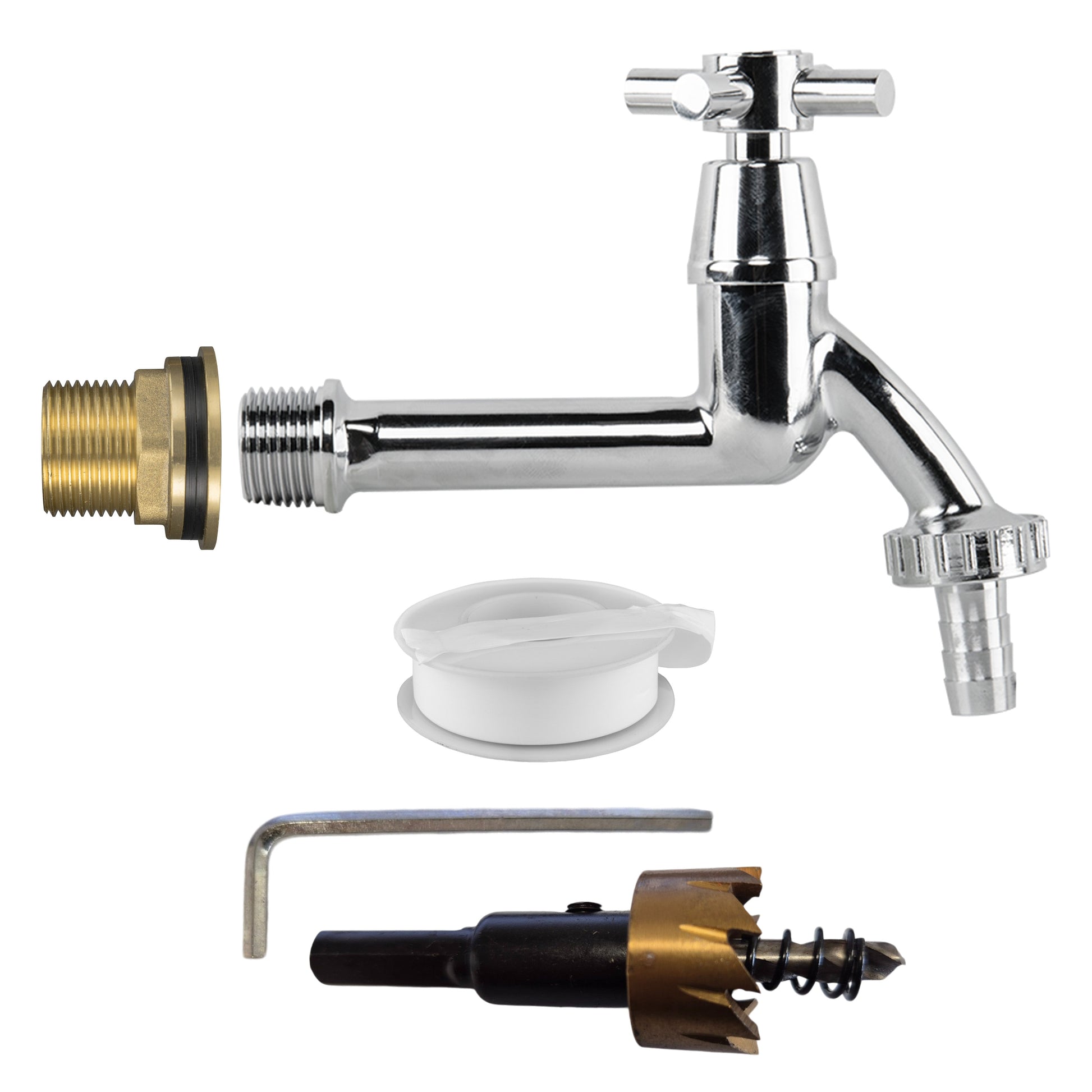 AP Supplies Water Butt Brass Kit 3/4" with Extended Brass Chrome Tap ½” Barb and Drill Bit