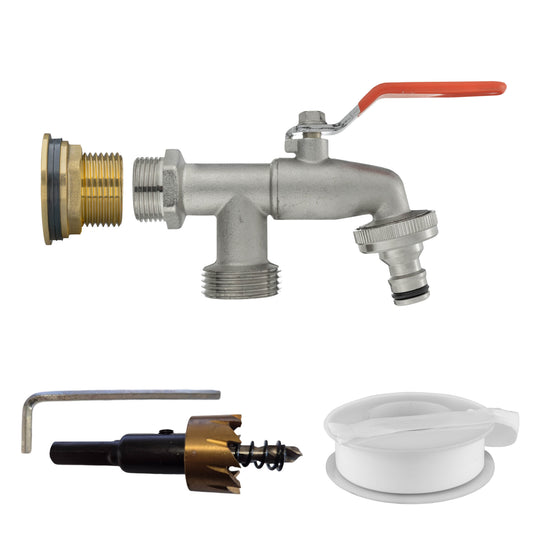 AP Supplies Water Butt Brass Kit 3/4" with Double Tap and Drill Bit