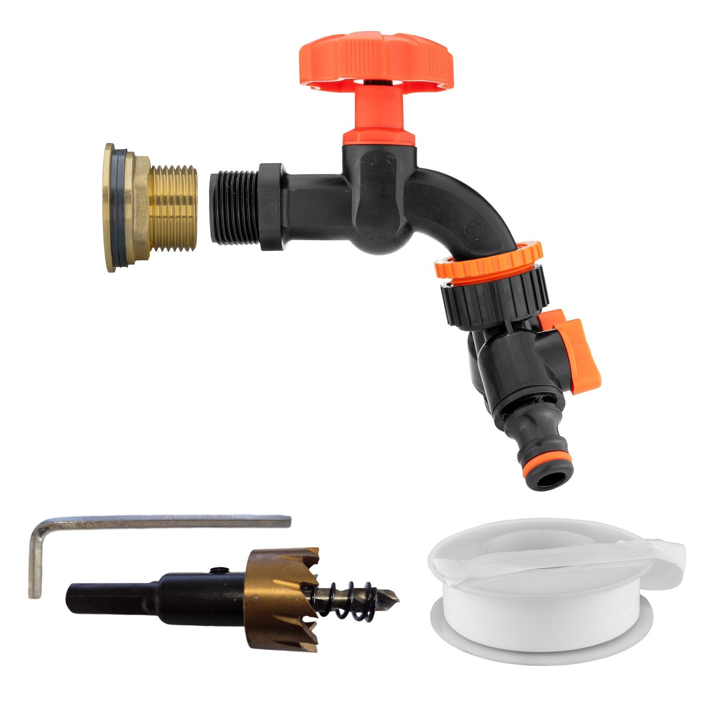 AP Supplies Water Butt Brass Kit 3/4" with Black Dial Tap + Two-Way Splitter and Drill Bit