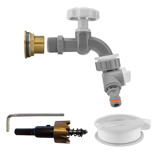 AP Supplies Water Butt Brass Kit 3/4" with Grey Dial Tap + Two-Way Splitter and Drill Bit