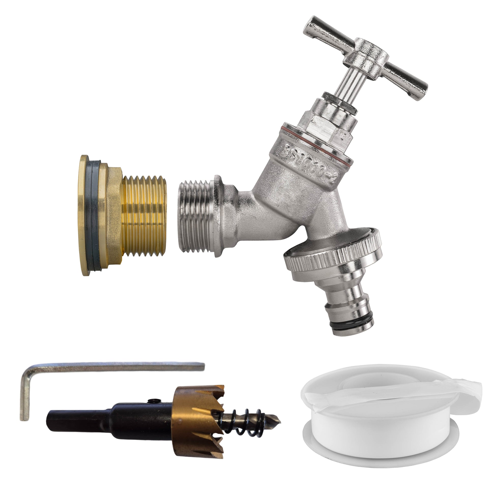AP Supplies Water Butt Brass Kit 3/4" with Nickel Plated Brass Quick Connect Tap and Drill Bit