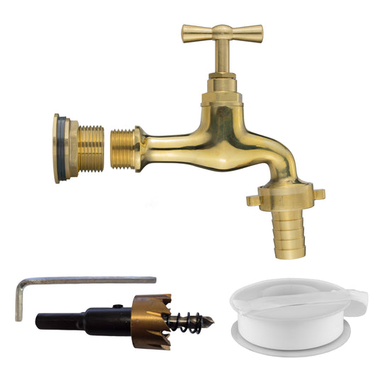 AP Supplies Water Butt Brass Kit 3/4" with 19mm Barbed Polished Brass Tap and Drill Bit