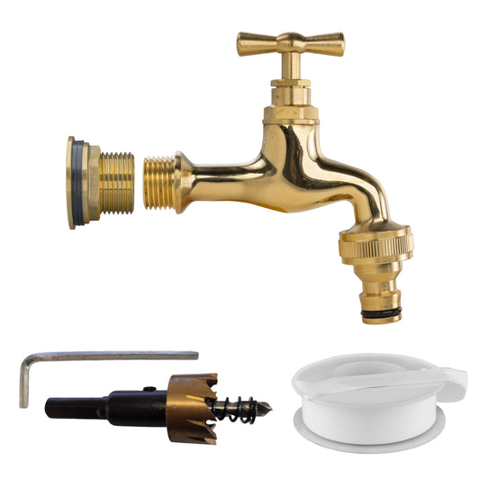 AP Supplies Water Butt Brass Kit 3/4" with Quick Connect Polished Brass Tap and Drill Bit
